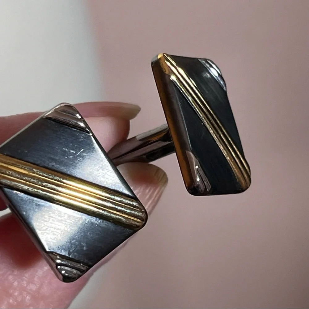 Vintage 1960 70 MCM Mod Art Deco Silver Black gold Mobking oversized Cufflinks